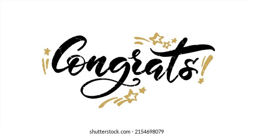 Congrats brush hand lettering, isolated on white background with stars. Vector typography illustration.