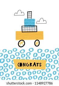 Congrats. Card template with cute car. Hand drawn graphic for typography poster, card, label, brochure, flyer, page, banner, baby wear, nursery. Vector illustration in blue and yellow. 
