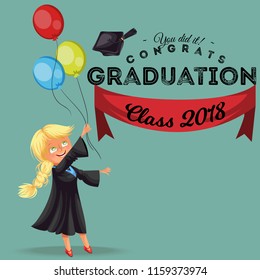 Congrats class of 2018 flat colorful poster. Happy smiling girl in gown with diploma throwing cap vector illustration.