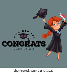 Congrats class of 2018 flat colorful poster. Happy smiling girl in gown with diploma throwing cap vector illustration