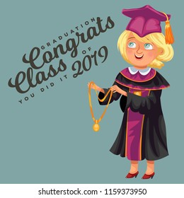 Congrats class of 2019 flat colorful poster. Smiling professor in gown and cap standing and holding gold medal vector illustration.