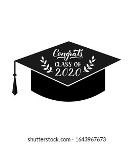 Congrats Class of 2020 hand written on graduation hat. Congratulations to graduates typography poster.  Vector template for greeting card, banner, label, invitation, etc. 