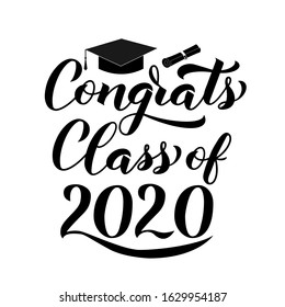 Congrats Class of 2020 lettering with graduation hat isolated on white. Congratulations to graduates typography poster.  Vector template for greeting card, banner, sticker, label, t-shirt, etc. 