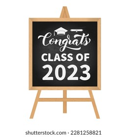 Congrats Class of 2023 hand written on chalk board with wooden frame. Congratulations to graduates typography poster.  Vector template for greeting card, banner, sticker, label, etc. 