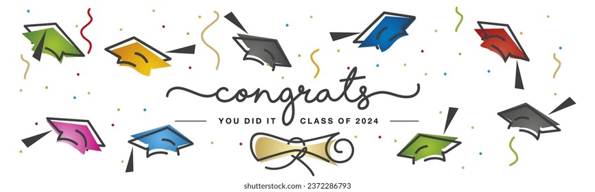 Congrats Class of 2024 handwritten typography. Hand drawn design with diploma colorful confetti and flying graduates caps. Congratulations graduates you did it line design on white background