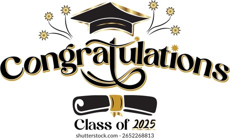Congrats Class of 2025 Graduation Banner Vector with Cap and Diploma | Handwritten Lettering Design for Graduation Poster, Card, Flyer, Invitation