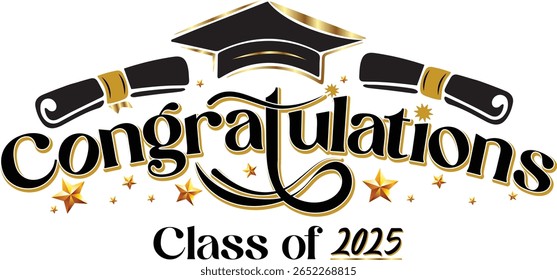 Congrats Class of 2025 Graduation Banner Vector with Cap and Diploma | Handwritten Lettering Design for Graduation Poster, Card, Flyer, Invitation