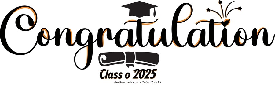 Congrats Class of 2025 Graduation Banner Vector with Cap and Diploma | Handwritten Lettering Design for Graduation Poster, Card, Flyer, Invitation