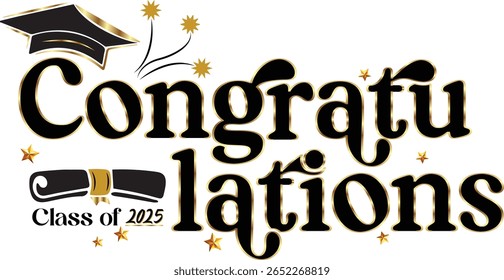 Congrats Class of 2025 Graduation Banner Vector with Cap and Diploma | Handwritten Lettering Design for Graduation Poster, Card, Flyer, Invitation