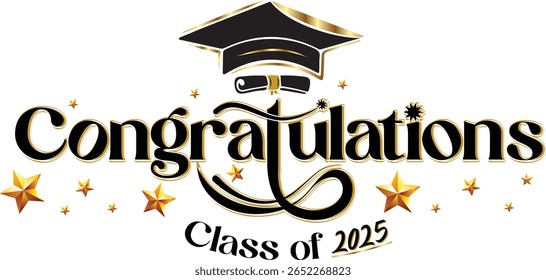 Congrats Class of 2025 Graduation Banner Vector with Cap and Diploma | Handwritten Lettering Design for Graduation Poster, Card, Flyer, Invitation