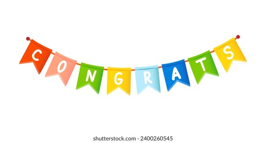 Congrats colorful party flags on white background. Vector holiday celebration greeting card. Cartoon lettering. Flag garland.