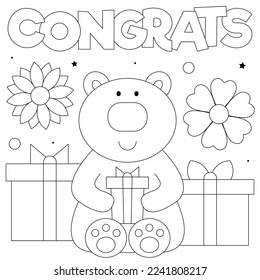 Congrats. Coloring page. Black and white vector illustration of a bear with presents