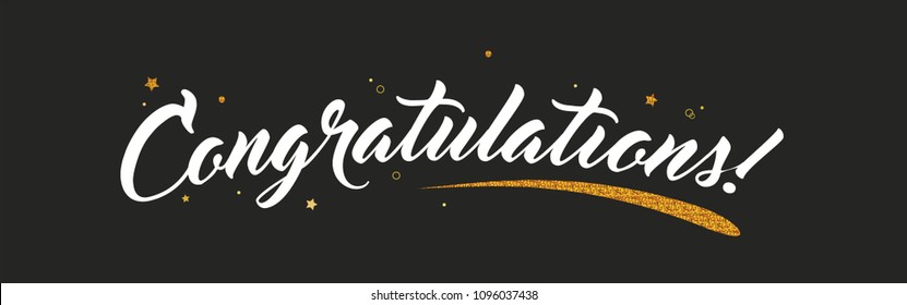 Congrats, Congratulations banner with glitter decoration. Handwritten modern brush lettering dark background. Vector Illustration for greeting