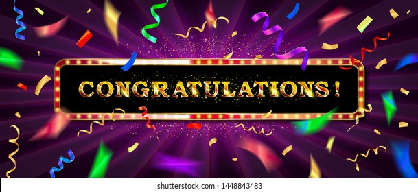 Congrats, Congratulations banner with glitter decoration. Handwritten modern brush lettering dark background. Vector Illustration for greeting card