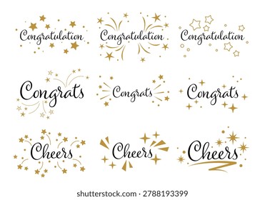 Congrats, Congratulations, Cheers Lettering. Congratulations text for anniversary, birthday party, christmas new year, graduate cards. Message in cursive style showcasing celebration and achievement