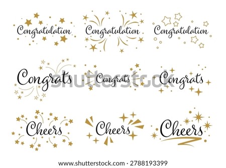 Congrats, Congratulations, Cheers Lettering. Congratulations text for anniversary, birthday party, christmas new year, graduate cards. Message in cursive style showcasing celebration and achievement