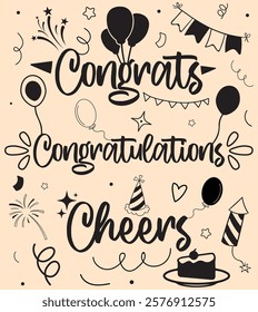 Congrats Congratulations Cheers Vector Calligraphy text and Decortion shapes of Celebrations. Hand drawn lettering for greeting.