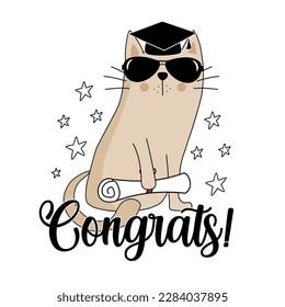 Congrats -  cool cat in graduate cap and certificate or diploma. Good for greeting card, postcard, T shirt print, poster, label and other gifts design.