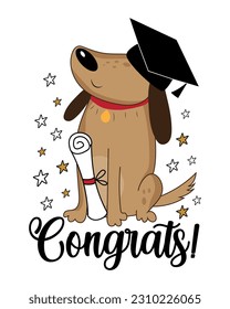 Felicidades - perro lindo con gorra de graduado y certificado o diploma. Es bueno para tarjetas de felicitación, postales, estampado de camisetas, afiche, etiqueta y otros regalos.