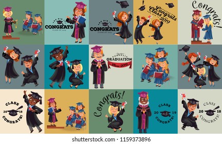 Congrats flat set. College composition consist of graduation class of 2019 students throwing caps girls and boys in gowns with diplomas graduates party vector illustration.