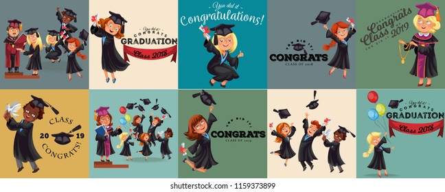 Congrats flat set. College composition consist of graduation class of 2019 students throwing caps girls and boys in gowns with diplomas graduates party vector illustration.