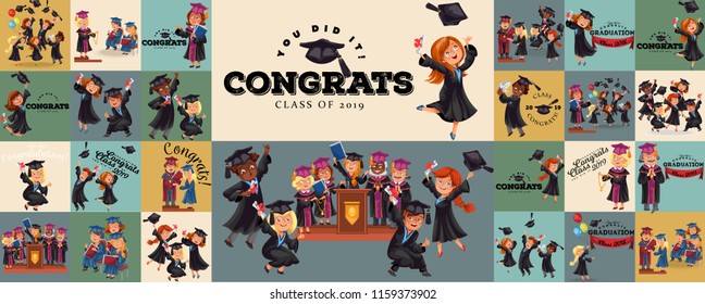 Congrats flat set. College composition consist of graduation class of 2019 students throwing caps girls and boys in gowns with diplomas graduates party vector illustration.