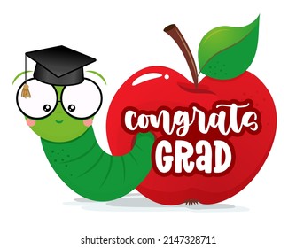 Congrats Grad! - Smart worm, student, in red apple with graduate cap. Cute caterpillar character. Hand drawn doodle for kids. Good for textiles, school sets, wallpapers, wrapping paper, clothes. svg