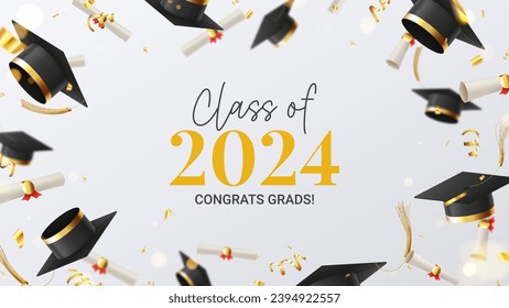 Congrats grads Class of 2024. Decorative banner for graduation 2024. Falling graduation scrolls and caps, golden confetti, serpentine. Vector illustration for social media, poster, degree ceremony.