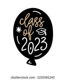 Congrats graduate balloon class of 2023 with graduation cap. Graduation logo for high school, college graduate. Template for graduation design, party. Vector illustration for yearbook class of 2023.