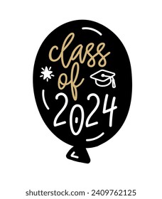 Congrats graduate balloon class of 2024 with graduation cap. Graduation logo for high school, college graduate. Template for graduation design, party. Vector illustration for yearbook class of 2024.