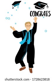 Congrats graduate happy men. Flying graduate caps, ceremony campus, college celebrate friends: 1 student. Congrats text. Hand drawn illustration.