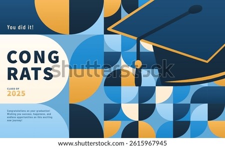 Congrats graduate vector illustration. Congratulations graduates class of 2025. Graduation party, invitation grad ceremony graphic design template with geometric pattern, text, graduation cap.