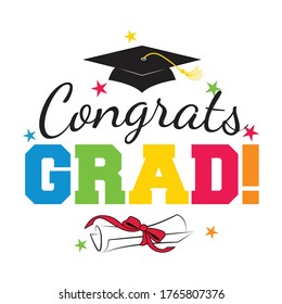 Congrats Graduates, black cap icon and lettering for graduation party. Vector design