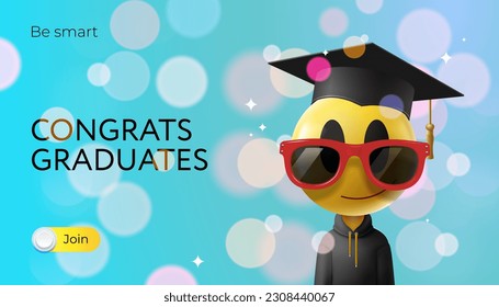 Congrats Graduates, cartoon character with a graduation cap and glasses, vector illustration