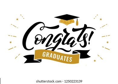 Congrats Graduates, class of 2019. Gold cap icon and lettering for graduation party. Vector design logo for congratulation ceremony, invitation card, banner. University, school, academy grads symbol. 