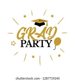 Congrats Graduates, class of 2019. Gold and black cap icon and lettering for graduation party. Vector design logo for congratulation ceremony, invitation card, banner. University, school grads symbol.