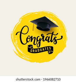 Congrats Graduates, class of 2021. Cap icon and lettering for graduation party. Design logo for congratulation ceremony, invitation card. University, school, academy grads symbol. Vector illustration.