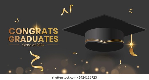 Congrats graduates class of 2024 text with 3d mortarboard cap, diploma and confetti celebration elements for college graduate celebration. Vector illustration.