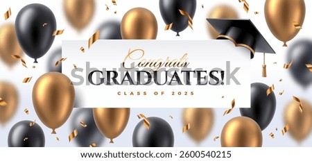 Congrats graduates class of 2025. Greeting card design with graduation cap, balloons and confetti. Graduation party at the school, college or university. Vector illustration.