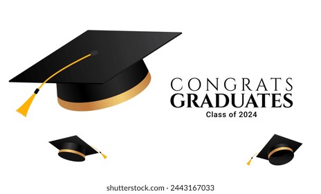 Congrats graduates. Congratulation lettering design with academic cap. Vector Illustration 