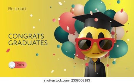 Congrats Graduates, emoji wearing sunglasses and a graduation cap with party balloons around it, vector illustration