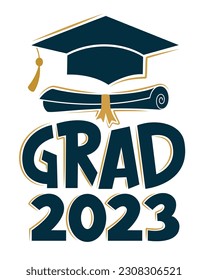 Congrats Graduates. Grad 2023. Greeting sign with academic cap and diploma. Congratulating vector banner for graduation party, congratulation ceremony,  card. University, school, academy grads symbol