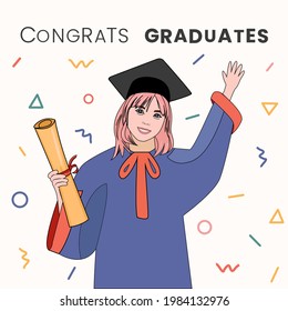 Congrats graduates. Graduate woman with graduation gown and hat on yellow background. Colorful design. Vector flat illustration, cartoon style.