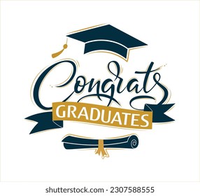 Congrats Graduates. Greeting lettering sign with academic cap and diploma. Congratulating vector banner for graduation party, congratulation ceremony,  card. University, school, academy grads symbol