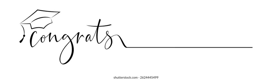 Congrats Graduates Greeting sign with traditional academic cap. Congratulating vector banner for graduation party, prom, congratulation ceremony, greeting card. University, school, academy symbol
