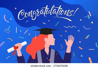 Congrats graduates. Successful happy girl-student on her graduation day with a diploma in hand.  Illustration in the horizontal version.