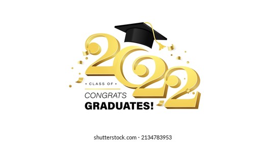 Graduate Vektor Konzept.Klasse von 2022 Design für Graduierung Zeremonie Einladung, Party, High School oder College-Jahrbuch. Goldene Typografie-Briefe, fliegender Konfetti und akademischer Oberteil auf Weiß