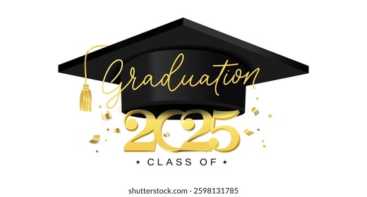 Congrats Graduates vector concept.Class of 2025 design for graduation ceremony invitation, party, high school or college yearbook. Gold typography letters, flying confetti and academic cap on white