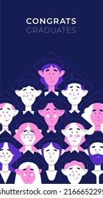 Congrats graduates vertical banner. Vector illustration of students in graduation cap, mortarboard on blue background. Cartoon character template in pointed square hat, flat minimal style with outline