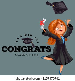 Congrats graduation class of 2018 flat colorful poster. Happy girl alumnus holding diploma in hands and jumping for joy vector illustration